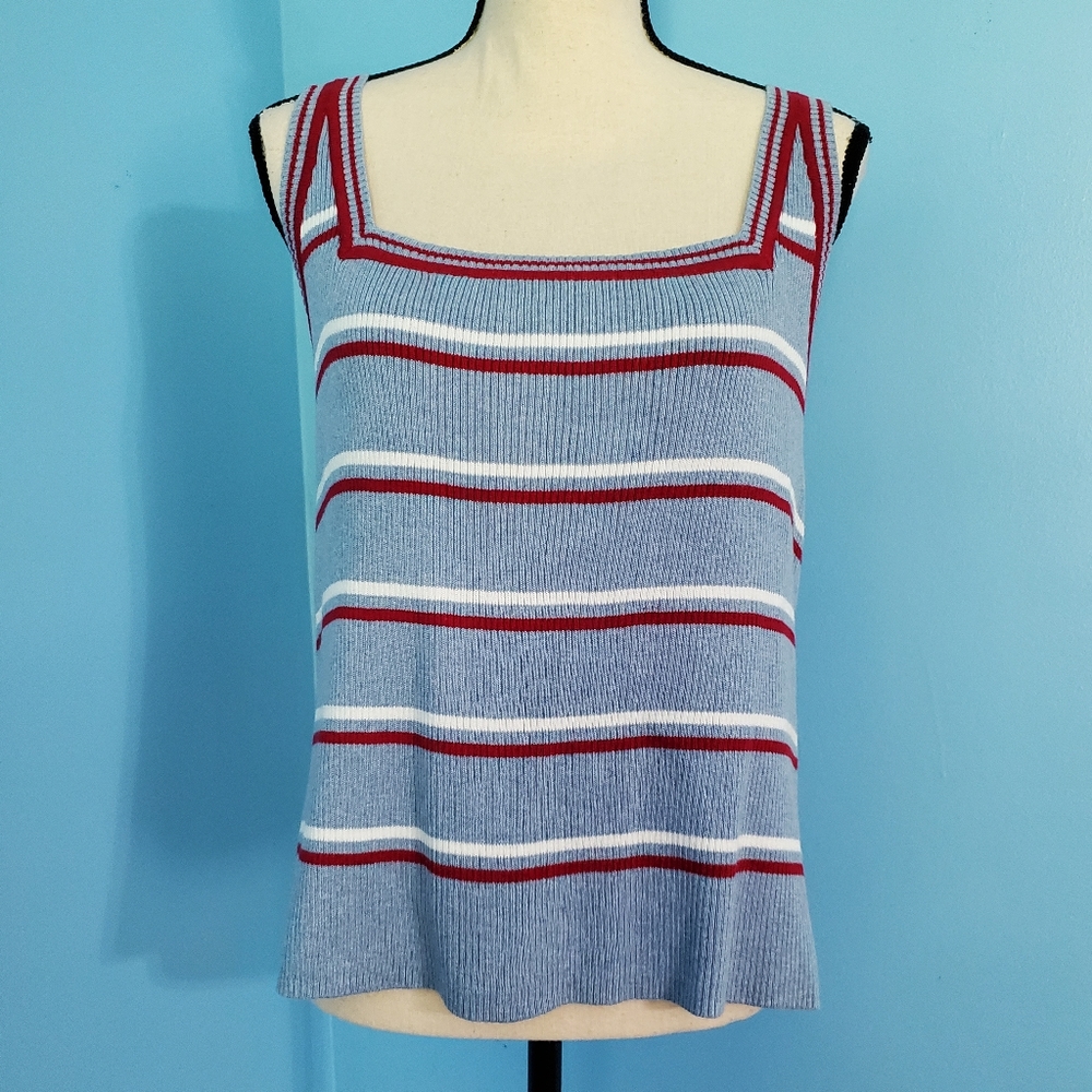 Faded Glory Light Blue/Red Striped Knitted Square Neck Tank Top